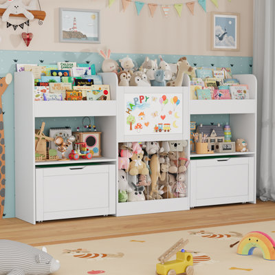 74.3" W Toy Storage Organizer with 6-Tier Kids Bookcase, Stuffed Animal Storage, 2 Removable Drawers Toy Box, Building Block Board and Magnetic Drawin