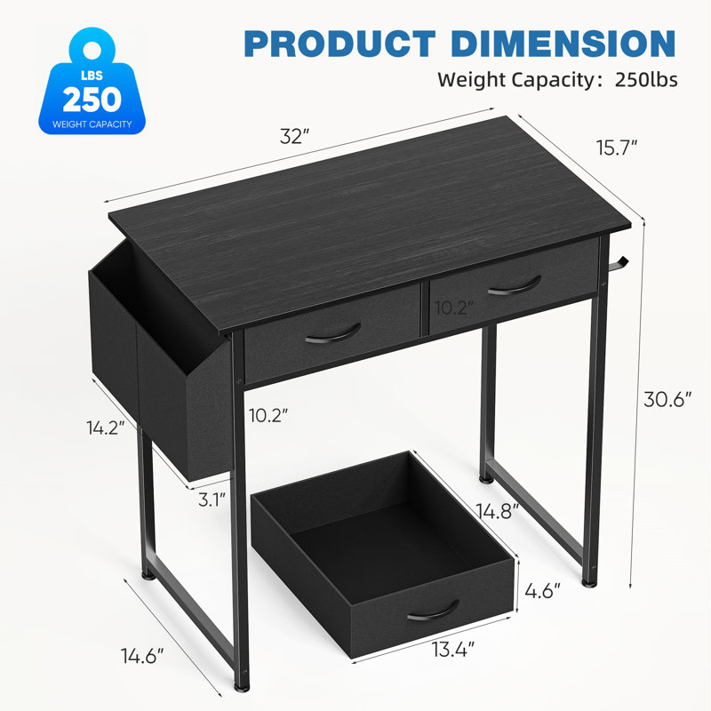 Bureau d'ordinateur Petit bureau pour chambre à coucher Bureau d'écriture pour bureau avec espace de rangement, Noir / Noir