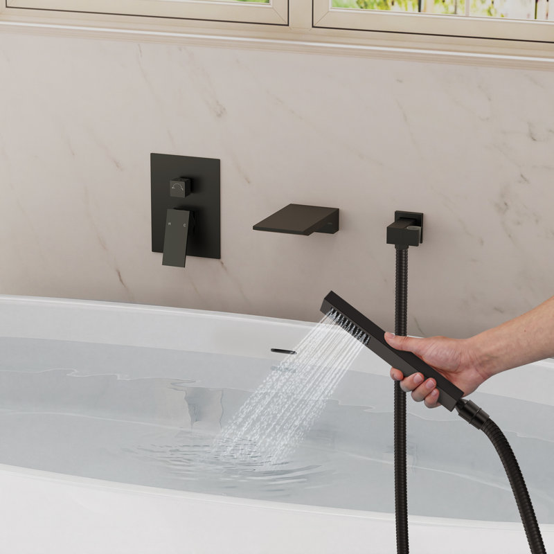 Robinet de baignoire mural mural avec valve à pression équilibrée et douche à main, Noir mat