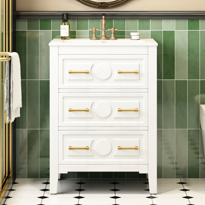 Meuble-lavabo blanc de 61 cm (24 po) avec lavabo en céramique, meuble-lavabo simple sur pied, 3 tiroirs, design rétro élégant, montage facile, finitions soignées, trois trous prépercés