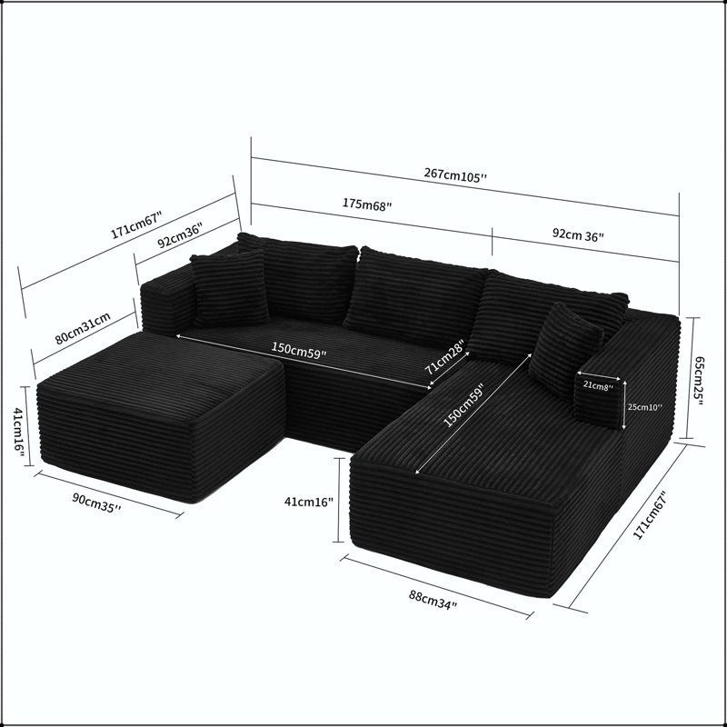 Canapé modulaire en L 105 po avec méridienne et repose-pieds