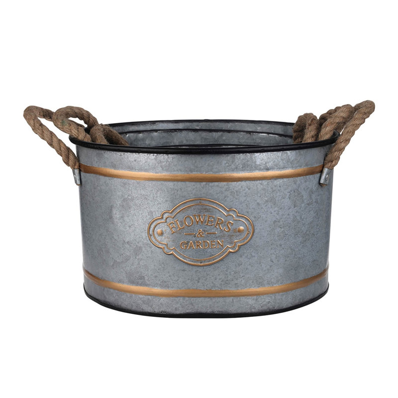 Of Three Metal Pots With Rope Handles And Gold Ornament Piece, Grey Multi Color Blend, Space - Saving Nesting Design, 4.2 Lbs Decorative Pot 3 Adornment Feature Cottage Inspired Progressive Sizing