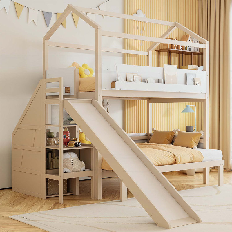 Lit superposé en bois en forme de maison avec glissière et escalier de rangement, structure de lit simple / simple / double pour enfants, beige et blanc
