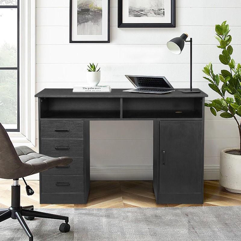 47.24in Black Particle Board with Wood Grain Melamine Laminated, One Door, Four Drawers, and Compartments, Computer Desk