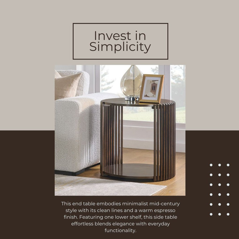 Estie Round Wood Slatted End Table With Open Shelf, Espresso