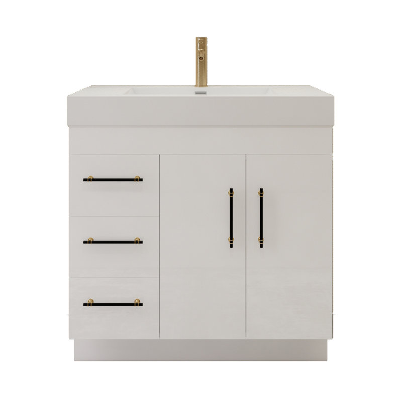 36" Freestanding Single Bathroom Vanity Set with Drawers and Doors, Glossy White