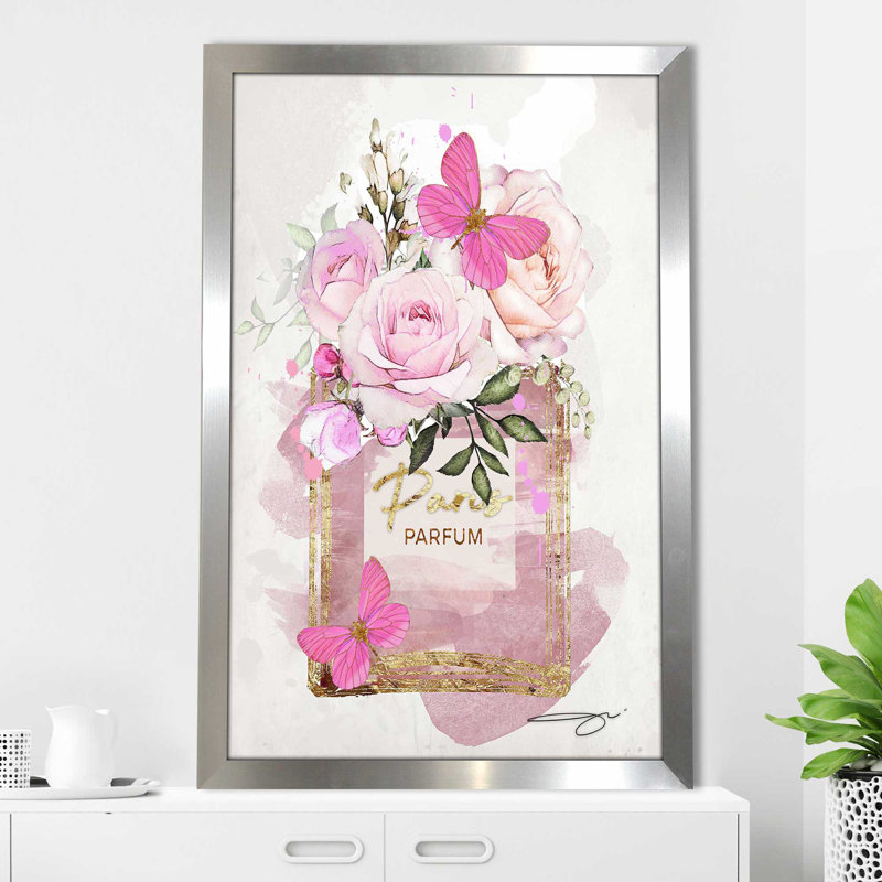 «Parfum Bottle, Flowers & Butterflies (Pink) (Vertical)» par By Jodi - impression, H 39,5 po x l 27,5 po x P 0,75 po