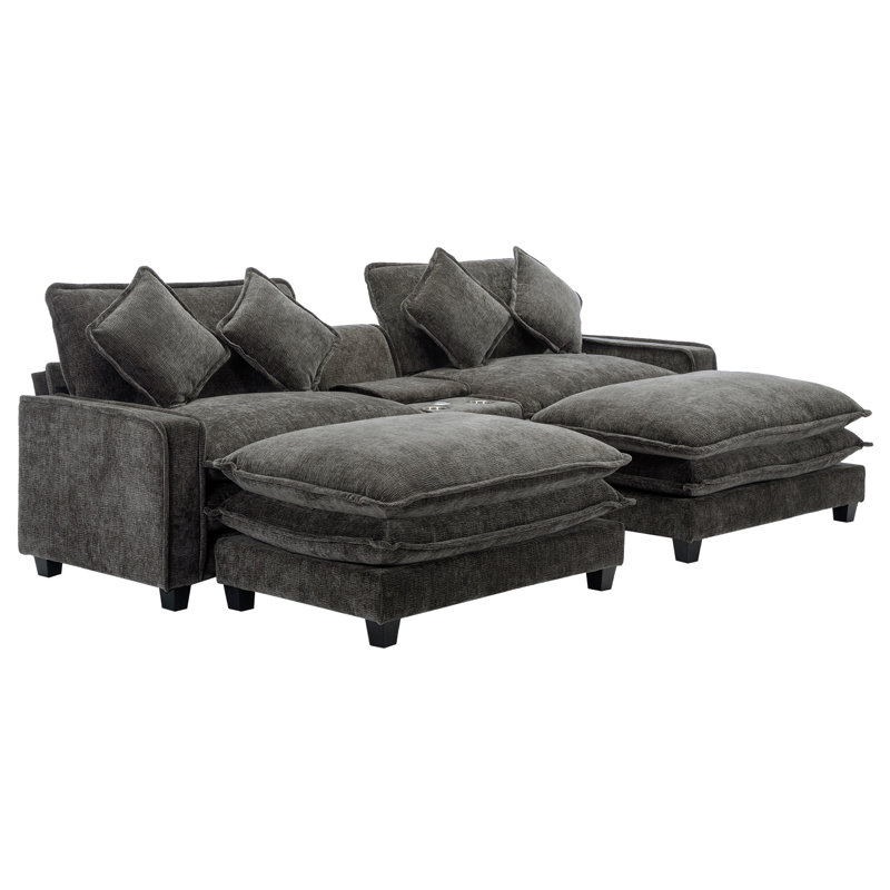 Canapé modulaire en chenille de 111 po avec deux repose-pieds amovibles en chenille, Gris chenille