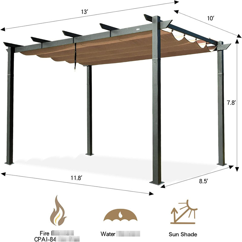 Backyard Pergola With Retractable Sunshade - Aluminum Frame, , - Deck Sun Shade To Weather, Fadeproof, Patio Garden, 13 Feet X 10 7.8