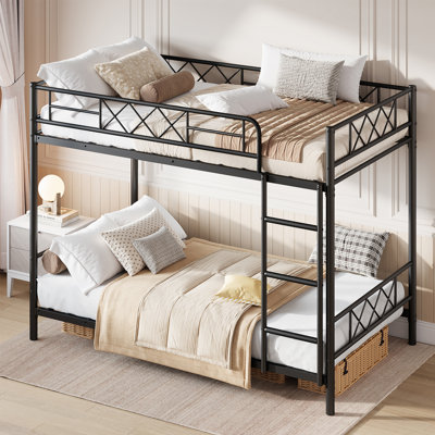 Lit superposé simple au-dessus de simple avec escalier pour adultes, adolescents et enfants - structure en métal, garde-corps pleine longueur, conception à 2 niveaux peu encombrante, sans sommier tapissier, robuste et sécuritaire, noir texturé