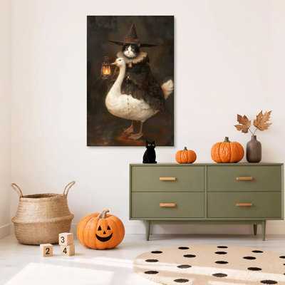1 pièce, impression d'art sur toile encadrée, sorcière, chevauchant une oie, Halloween, affiche d'art sur toile, peinture pour salon, chambre, bureau, salle de bain, dortoir, prêt à accrocher