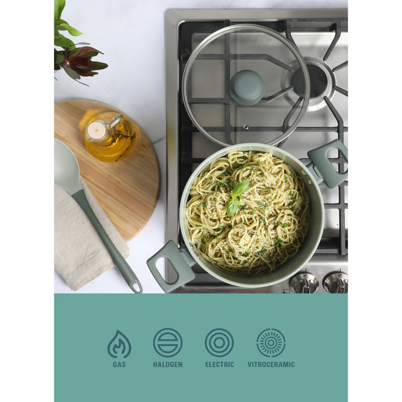 Sage Green Aluminum Nonstick 10-Piece Cookware Set with Kitchen Tools