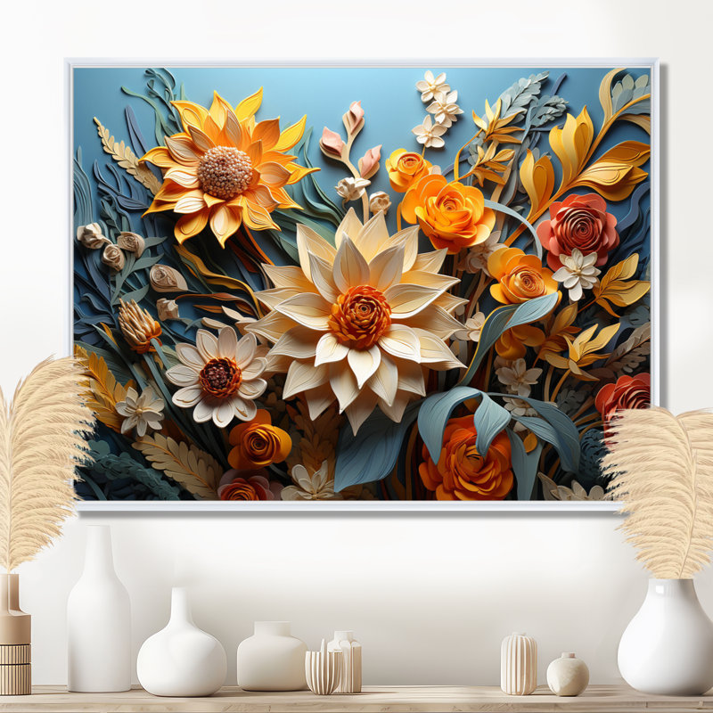 Tournesol jaune, bleu, tournesol, symphonie, H 16 po x l 32 po x P 1 po, Cadre flottant blanc