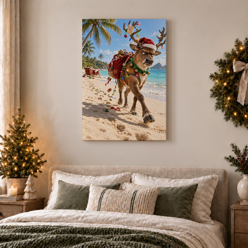 «Reindeer in Santa Hat on Tropical Beach», art mural sur toile, 24"H x 16"W