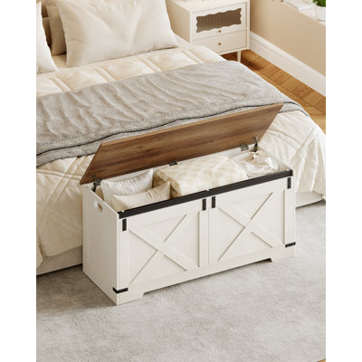 Coffre de rangement 42,9 po, grand coffre de rangement avec 2 charnières, banc en bois de style campagnard, coffre de rangement relevable, coffre d'entrée pour chambre à coucher, salon, blanc et brun