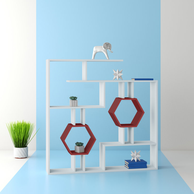 Swenson 52.7" H x 52.7" W Geometric Bookcase, White/Red