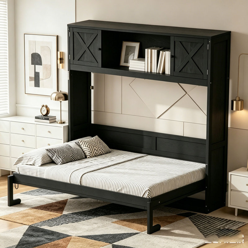 Lit escamotable avec armoires de rangement, Noir, Grand lit
