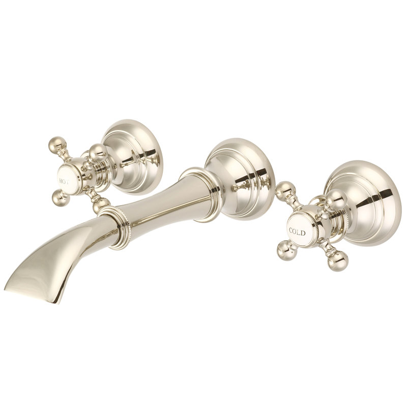 Robinet pour salle de bain mural cascade, Poignées en croix en métal ronde et étiquettes, Nickel poli