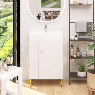 Meuble-lavabo à motif ondulé avec lavabo en céramique et rangement latéral