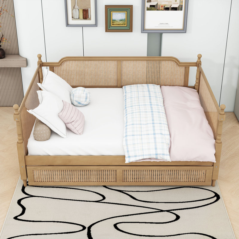 Rattan Wooden Daybed with Trundle, Full/Double, Antique Walnut