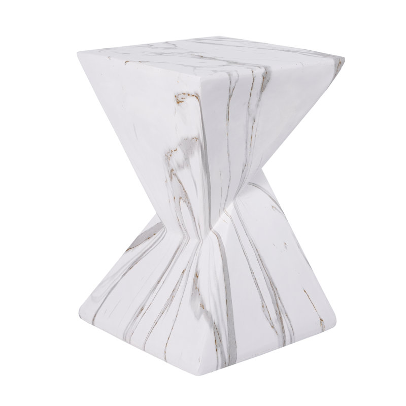 Andree 18.5"H Outdoor Magnesium Oxide Side Table with Sculptural Twist Design, White Marble