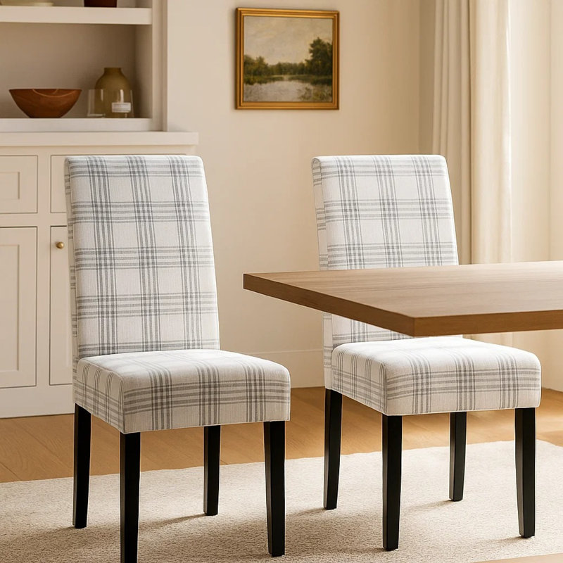 Cini Dining Side Chair Set Of 2, Gray Plaid Fabric, Black Wood Legs, Gray/White