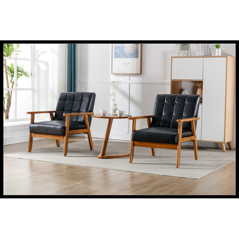 Accent Chairs Set of 2 with Side Table, Wood and Fabric Armchairs Side Chair, Black Faux Leather