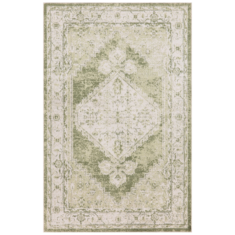 Tapis oriental ivoire / vert en polyester tissé à la machine Haydel, Rectangle 3 pi 3 po x 5 pi