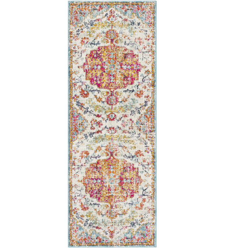Tapis décoratif de style oriental beige / bleu sarcelle Hillsby, Tapis de couloir 2 pi 7 po x 7 pi 3 po