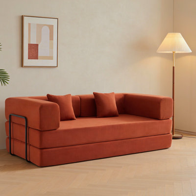 Canapé-lit convertible avec oreiller cylindrique, canapé-lit pliant en velours côtelé avec cadre de forme fixe, canapé-lit de salon pour salon, chambre à coucher, studio de détente (rouge orange)