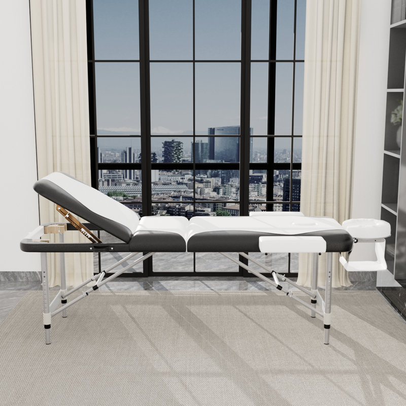 Portable 3-section Aluminum Massage Table Premium Pu Leather Spa Bed With Headrest, Arm Support Carry Bag, Black/White