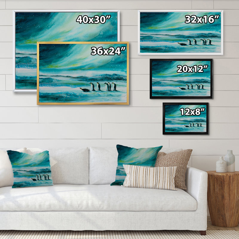«Penguins Ice Landscape», impression sur toile encadrée, H 16 po x l 32 po x P 1,5 po, Cadre flottant noir
