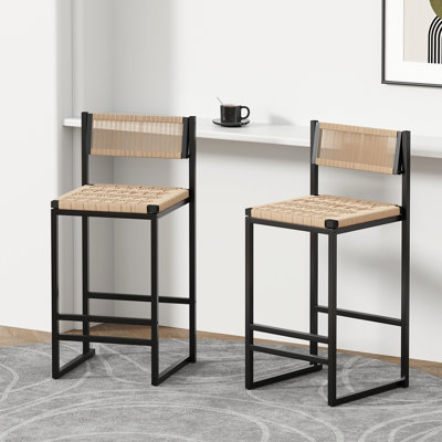 Kitchen Bar Stools With Footrest Set Of 2 Paper Rope Weave Dining Chairs Counter Height Barstool