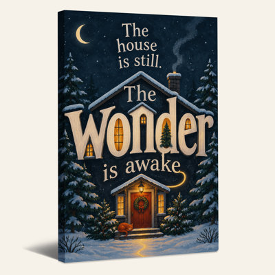 Snowy House With Lit Windows And Wreath On Door Christmas Canvas Wall Art