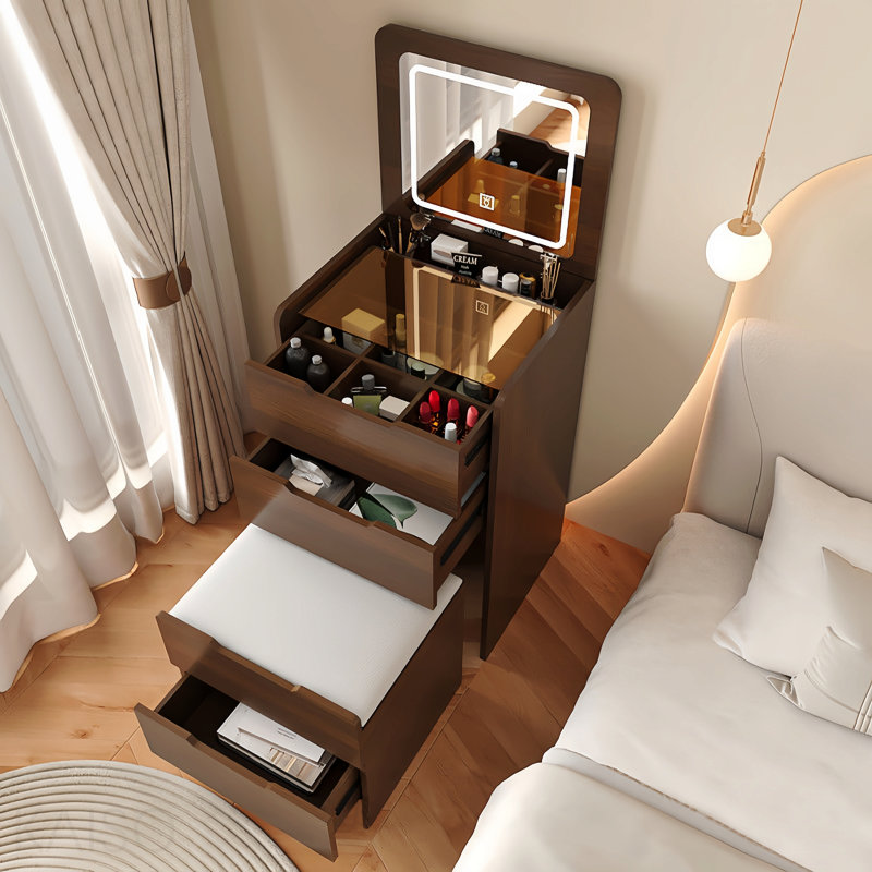 (60cm) de coiffeuse 3 en 1 avec miroir Plip, petit ensemble de coiffeuse avec bureau en verre visible, coiffeuse de maquillage compacte avec 3 tiroirs, coiffeuse pour chambre à coucher (couleur noyer)