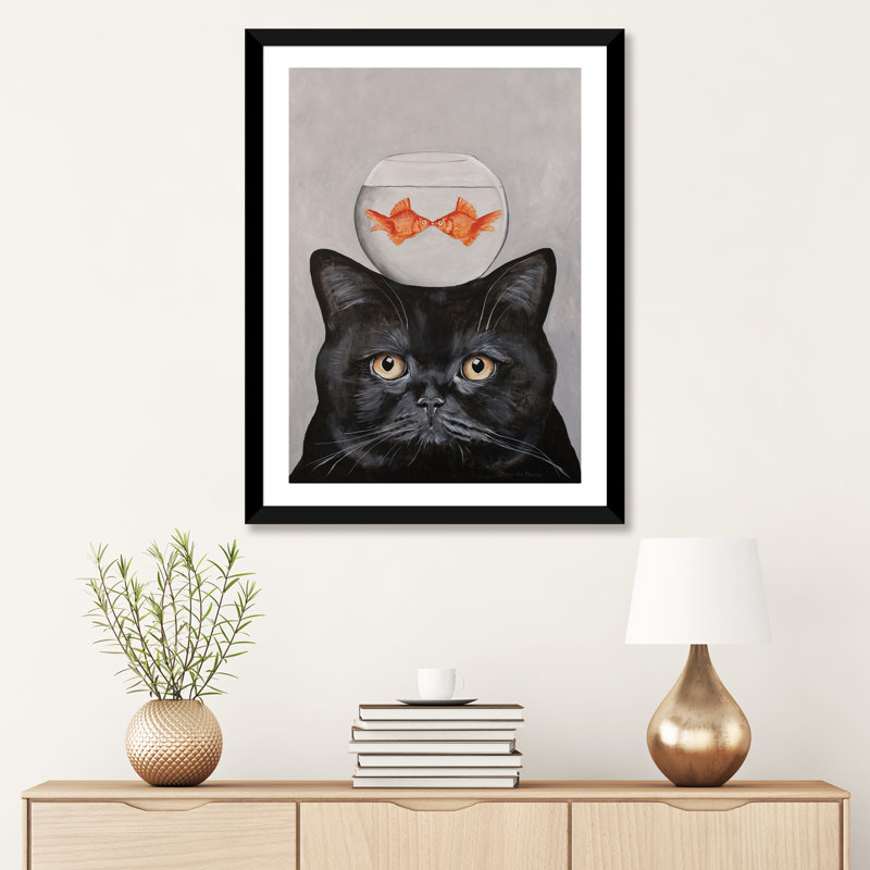 «Cat with Fishbowl» par Coco De Paris - impression d'art graphique, H 32 po x l 24 po x P 1 po, Papier encadré noir, Blanc