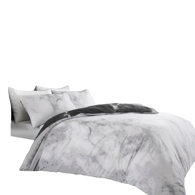 Marble Duvet Cover Set, Lightweight Polycotton Bedding with Matching Pillowcases, Double, Silver/White