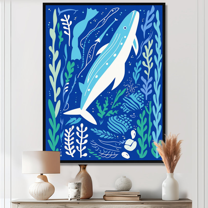 Deep Ocean Whale Retro Illustration - Whale Animal Wall Art Print, 20" H x 12" W, Black Floater Framed, Canvas