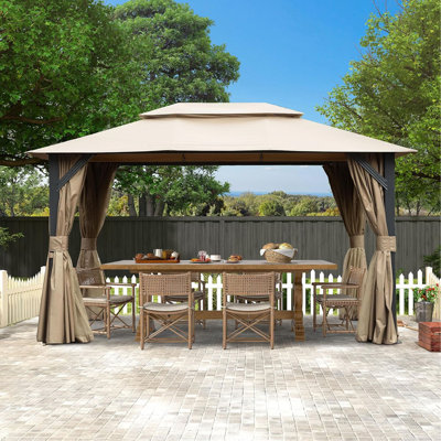 Pavillon de jardin extérieur de 10 pi x 13 pi pour le patio, pavillons de jardin en métal à toit souple avec double toit, tente de réception robuste avec moustiquaire et rideaux d'intimité pour la terrasse de jardin