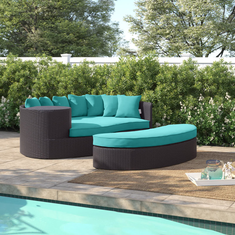 Convene 79" Wide Outdoor Wicker Patio Daybed with Cushions, Espresso/Turquoise