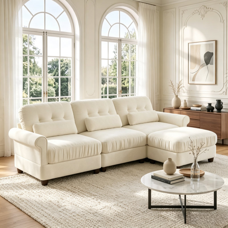 Canapé d'angle en chenille beige de 250 cm, pouf, coussin à volants et accoudoirs arrondis, Chenille beige