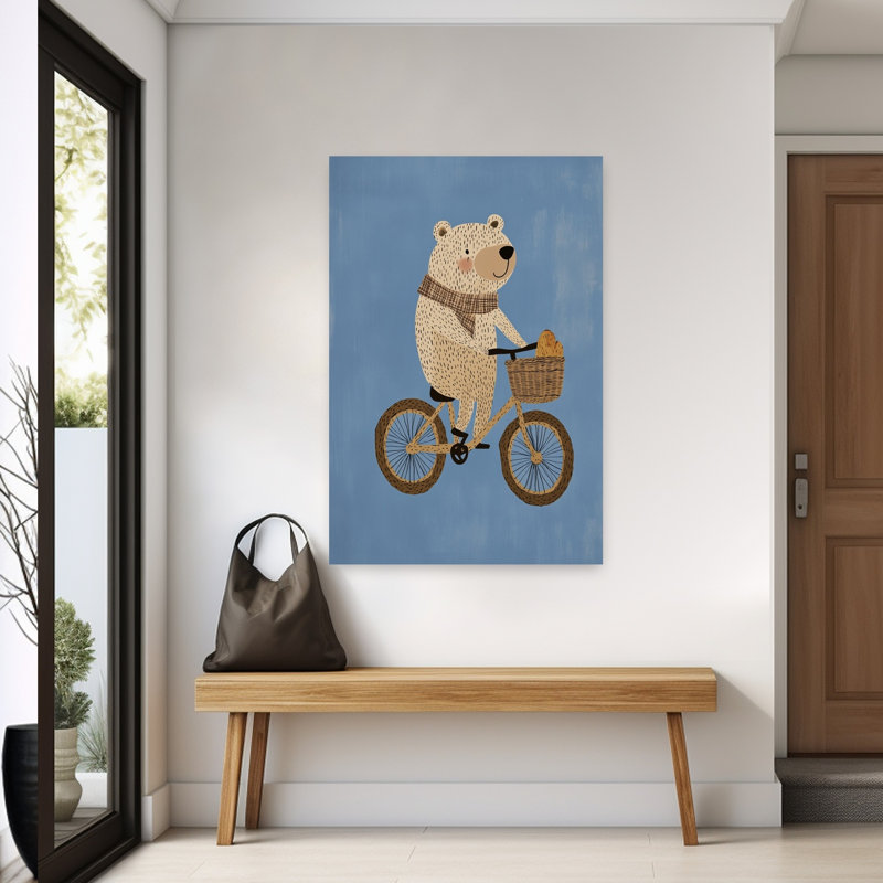 Cute Bear On Bike Playful Whimsical Contemporary Bear Wall Art Print 1 Piece Wrapped Canvas Wall Art, 152.4cm H x 101.6cm W