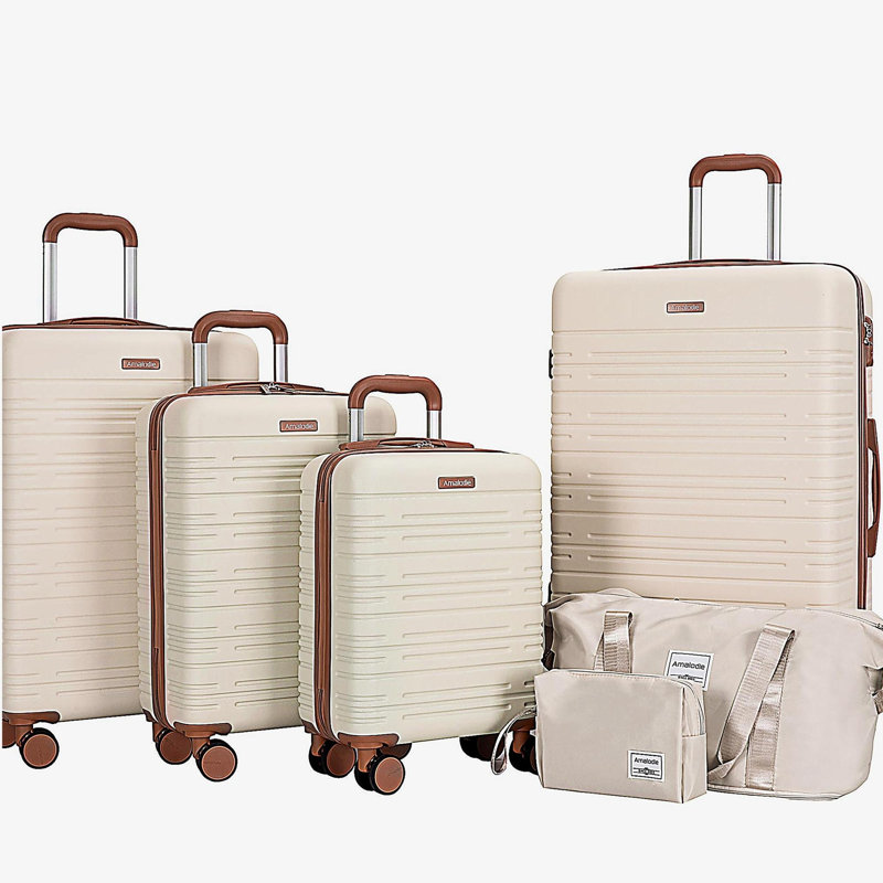 Ensemble de bagage 6 pièces, valise rigide de voyage en ABS avec serrure TSA, beige