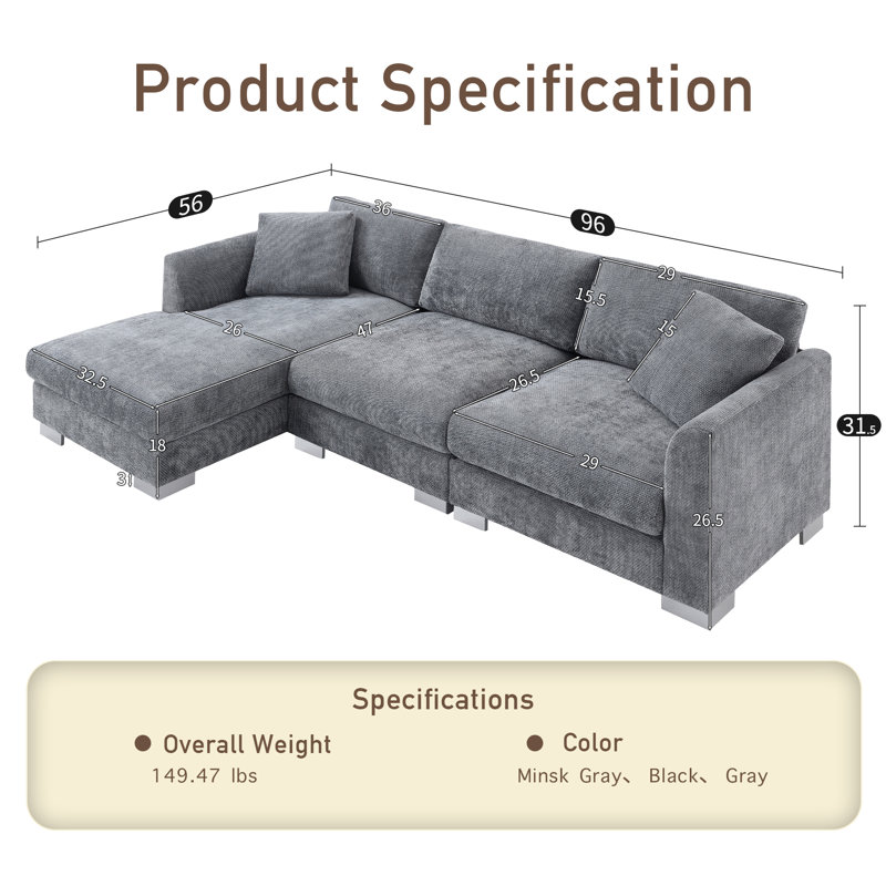 Canapé modulaire en tissu chenille 4 places, Gris chenille