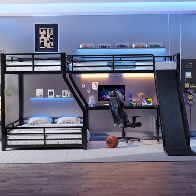 L-Shaped Twin over Full Bunk Bed with Twin Size Loft Bed, Metal Triple Bunk Bed with Slide and USB Ports, Space-saving and Noise-free Design, Black