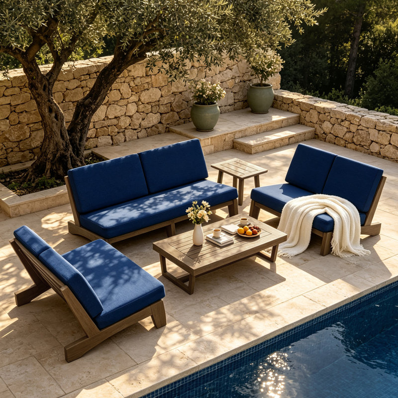 Ensemble de conversation Polett, 5 pièces: 2 tables, 2 causeuses, canapé, Navy, Brun