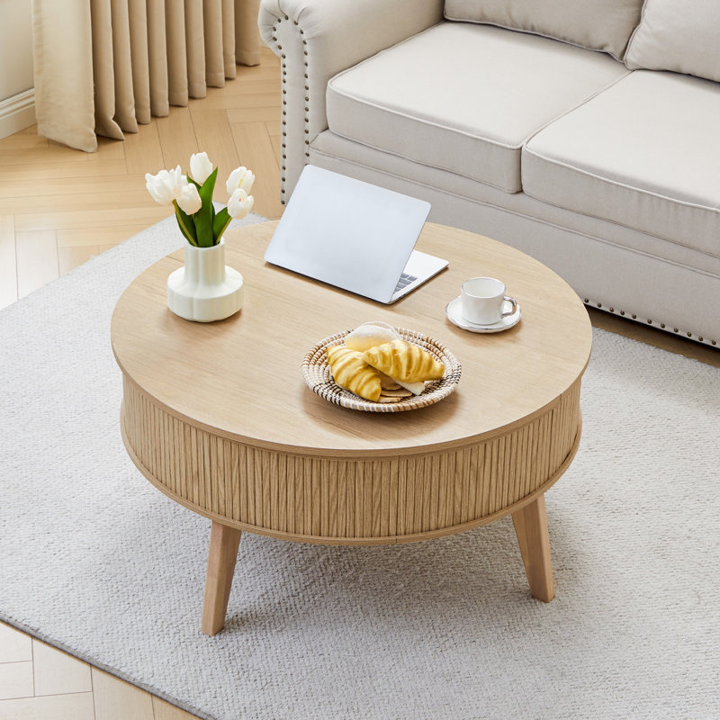 Table basse à plateau relevable avec rangement, tables basses rondes cannelées, Naturel