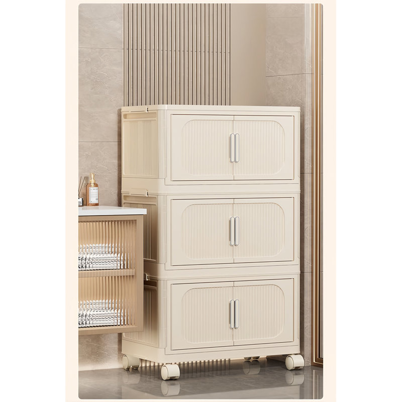Side Wide Folding Storage Cabinet, Cream, 31.10"H x 19.69" L x 11.81" D
