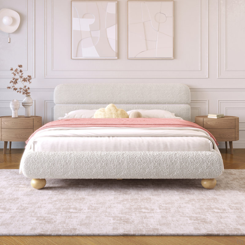 Lit tapissier contemporain avec tissu bouclé en molleton Teddy et pieds ronds massifs Conception élégante en forme de courbe pour chambre à coucher, grand lit, base de lit
