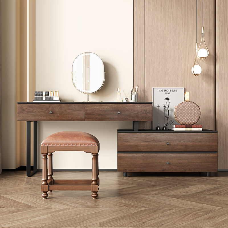 68.9'' Extended Desk Makeup Vanity Table With 4 Storage Drawers Walnut Wooden Writing Desk